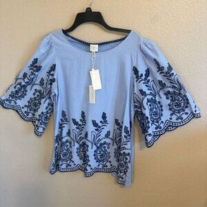 NWT Cupio Blue Embroidered Women's Blouse Size LG CU40605